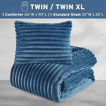 Intelligent Design Twin Comforter Set, Cozy Plush Bedding, Microfiber Reverse, 2 Piece, Lightweight, Super Soft Ribbed Velvet Comforter 1 Sham, All Season Fluffy Bed Set, Avril, Twin/Twin XL Blue