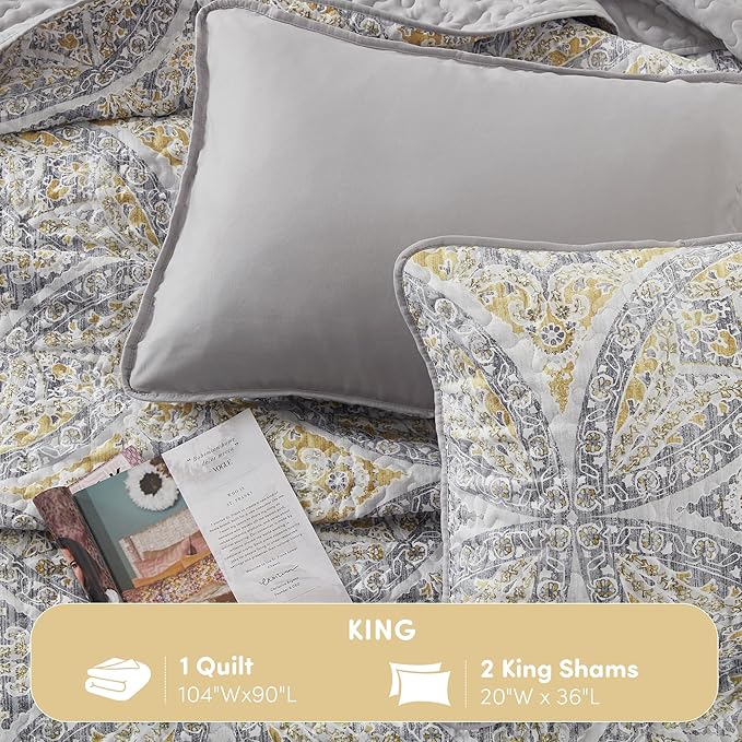 Comfort Spaces Boho Quilt Set King Reversible Vermicelli Quilting King Size Bed, All Season, Lightweight, Coverlet Winter Layer Bedding, Shams, Gloria, King Grey/Yellow 3 Piece