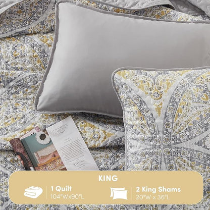 Comfort Spaces Boho Quilt Set King Reversible Vermicelli Quilting King Size Bed, All Season, Lightweight, Coverlet Winter Layer Bedding, Shams, Gloria, King Grey/Yellow 3 Piece