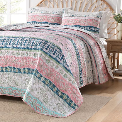 HORIMOTE HOME Boho Style Twin Size Quilt Set Pink Bohemian Floral Strip Quilt Beddding Set, Soft and Lightweight Bedspread for All Season,XL Twin Bed Coverlet with 1 Matching Pillow Sham (2 Pieces)