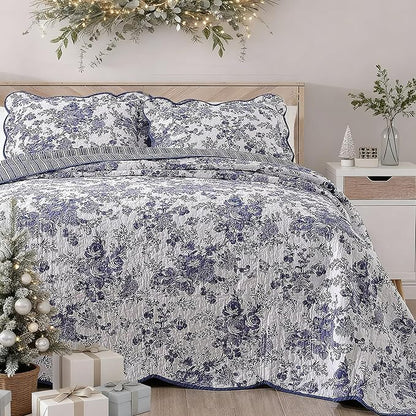 Wonderful 100% Cotton Blue Floral Bedspread Set Twin Size, Quilt Bedding Sets with Pillow Sham, 2 Pieces Floral Coverlet, Quilted Blanket Bed Cover for All Season, 80"x110"