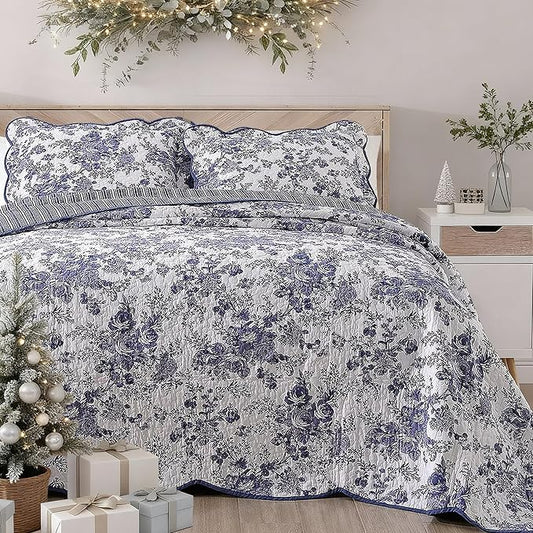 Wonderful 100% Cotton Blue Floral Bedspread Set Twin Size, Quilt Bedding Sets with Pillow Sham, 2 Pieces Floral Coverlet, Quilted Blanket Bed Cover for All Season, 80"x110"