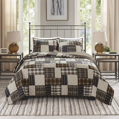 Madison Park Reversible Quilt Cabin Lifestyle Plaid Design - All Season, Breathable Coverlet Bedspread Bedding Set, Matching Shams, Timber Black/Brown Full/Queen(90"x90") 3 Piece