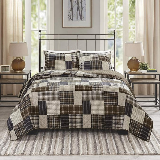 Madison Park Reversible Quilt Cabin Lifestyle Plaid Design - All Season, Breathable Coverlet Bedspread Bedding Set, Matching Shams, Timber Black/Brown Full/Queen(90"x90") 3 Piece