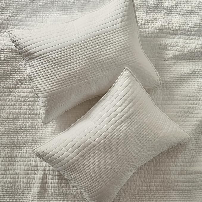 palassio Striped Beige 100% Cotton Quilt Queen Size Bedding Sets, Lightweight Crinkly Channel Pick Stitch Textured Bedspread Soft Shabby Chic Farmhouse Country Coverlet for All Season, 2 Shams