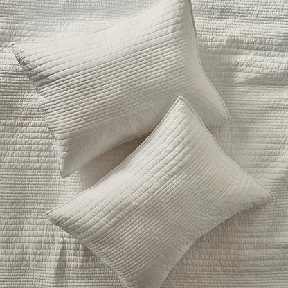 palassio Striped Beige 100% Cotton Quilt Queen Size Bedding Sets, Lightweight Crinkly Channel Pick Stitch Textured Bedspread Soft Shabby Chic Farmhouse Country Coverlet for All Season, 2 Shams