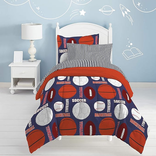 dream FACTORY Kids 7-Piece Complete Set Easy-Wash Super Soft Microfiber Comforter Bedding, Full, Navy All Sports