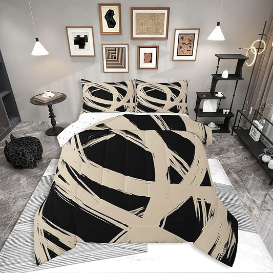 Erosebridal Beige and Black Striped King Bedding Set for Kids Teens Adults, Geometric Striped Comforter Set for Minimalists,Graffiti Aesthetic Lines Duvet Insert,Contemporary Boho Modern Art Quilt