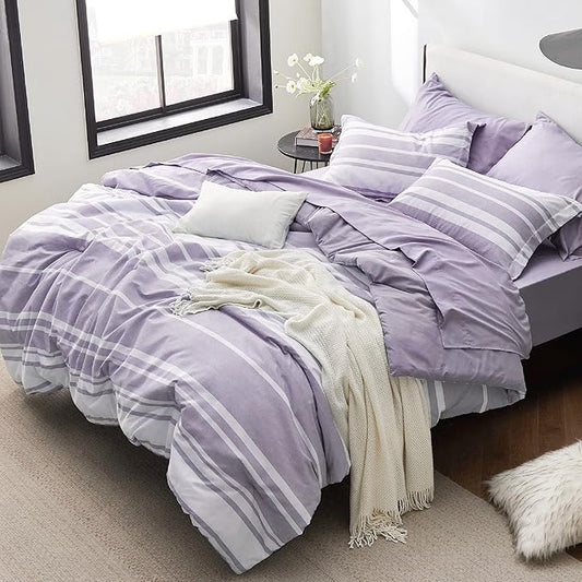 Bedsure Twin Comforter Set 5 Pieces, Purple Striped Bedding Set for All Seasons, Reversible, Cationic Dyeing Bed in a Bag with Comforter, Sheets, Pillowcase & Sham