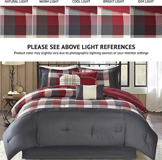 Madison Park Ridge Comforter Set - Cabin Lodge Plaid Herringbone Design, All Season Down Alternative Cozy Bedding with Matching Bedskirt, Shams, Decorative Pillow, Red King(104"x92") 7 Piece