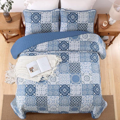 Dobuyly Blue Quilt Set Queen Size, Boho Mineral Blue Plaid Patchwork Bedspreads Coverlet Set, 3 Pieces Soft Lightweight Microfiber Quilt Bedding Set for All Seasons 96"x90"