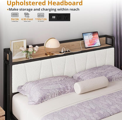 LIKIMIO Queen Size Bed Frame, Storage Headboard with Charging Station, Platform Bed with Drawers, No Box Spring Needed, Easy Assembly, Wood and Cream