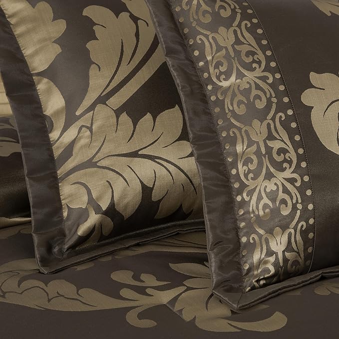 Chezmoi Collection 7-Piece Jacquard Floral Comforter Set (King, Coffee/Gold)