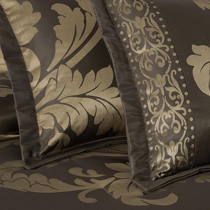 Chezmoi Collection 7-Piece Jacquard Floral Comforter Set (King, Coffee/Gold)