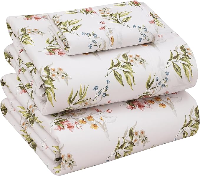 RUVANTI 100% Cotton Sheets – Twin Size Percale Bedding, Cooling & Breathable Floral Design, Durable with a Crisp, Soft & Comfortable Feel, 16" Deep Pocket, 3-Piece Set, Floral Bliss