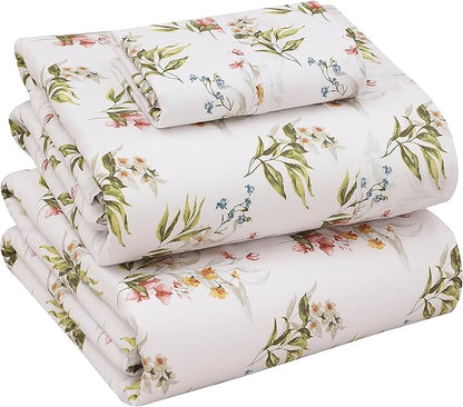RUVANTI 100% Cotton Sheets – Twin Size Percale Bedding, Cooling & Breathable Floral Design, Durable with a Crisp, Soft & Comfortable Feel, 16" Deep Pocket, 3-Piece Set, Floral Bliss