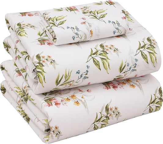 RUVANTI 100% Cotton Sheets – Twin Size Percale Bedding, Cooling & Breathable Floral Design, Durable with a Crisp, Soft & Comfortable Feel, 16" Deep Pocket, 3-Piece Set, Floral Bliss