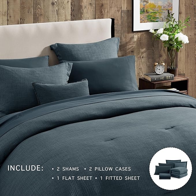 Geniospin Queen Comforter Set - 7 Pieces Comforter Queen Size, Soft Solid Bedding Set for All Season, Textured Bed in a Bag with Sheets, Pillowcases & Shams (Navy Blue, 90''x90'')