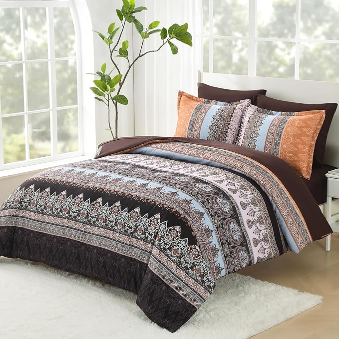 Boho King Size Comforter Set - 7 Pieces Bed in a Bag Bohemian Striped Comforter Set with Sheets, Soft Microfiber Brown Floral Bedding Sets for All Seasons (Brown, King)