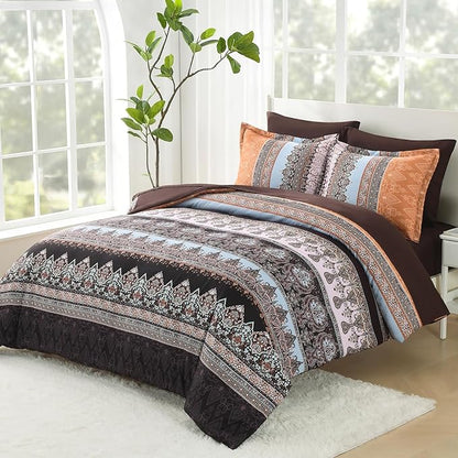 Boho King Size Comforter Set - 7 Pieces Bed in a Bag Bohemian Striped Comforter Set with Sheets, Soft Microfiber Brown Floral Bedding Sets for All Seasons (Brown, King)