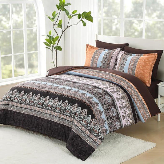 Boho King Size Comforter Set - 7 Pieces Bed in a Bag Bohemian Striped Comforter Set with Sheets, Soft Microfiber Brown Floral Bedding Sets for All Seasons (Brown, King)