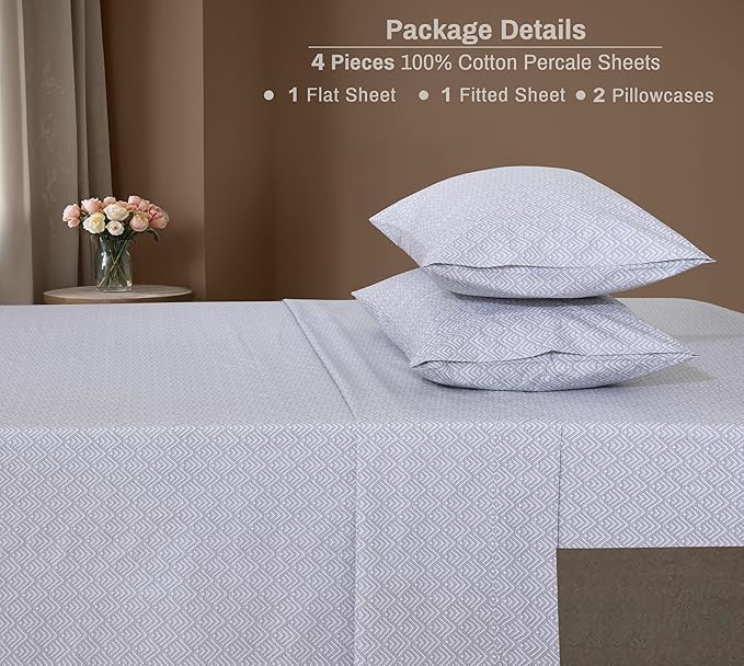 ZOYER 100% Cotton Sheets – Queen Size Percale Bedding, Cooling & Breathable, Durable with a Crisp, Soft & Comfortable Feel, 16" Deep Pocket, 4-Piece Set, Diamond Box
