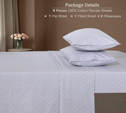 ZOYER 100% Cotton Sheets – Queen Size Percale Bedding, Cooling & Breathable, Durable with a Crisp, Soft & Comfortable Feel, 16" Deep Pocket, 4-Piece Set, Diamond Box