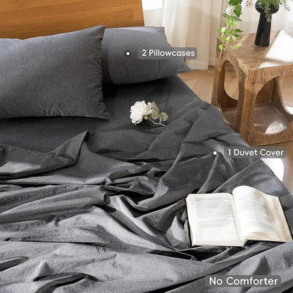 MooMee Bedding Duvet Cover Set 100% Washed Cotton Linen Like Textured Breathable Durable Soft Comfy (Heathered Dark Grey, Cal King 104"x98")