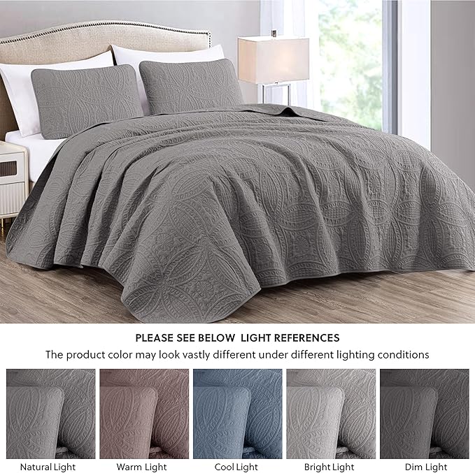 Chezmoi Collection Austin 3-piece Oversized Bedspread Coverlet Set (King, Gray) | Oversized, Lightweight, Fade Resistant