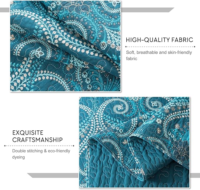 Travan 3-Piece Cotton Quilt Set Quilted Bedding Set for All Season, Cyan Blue Flower, Queen Size