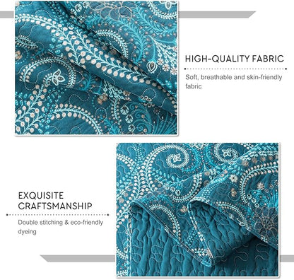 Travan 3-Piece Cotton Quilt Set Quilted Bedding Set for All Season, Cyan Blue Flower, Queen Size