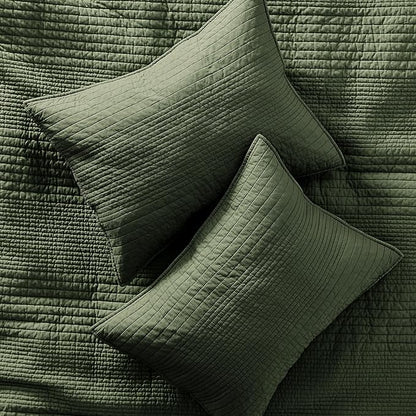 palassio Striped Olive Green 100% Cotton Quilt Queen Size Bedding Sets, Lightweight Crinkly Channel Pick Stitch Textured Bedspread Soft Shabby Chic Farmhouse Country Coverlet for All Season, 2 Shams