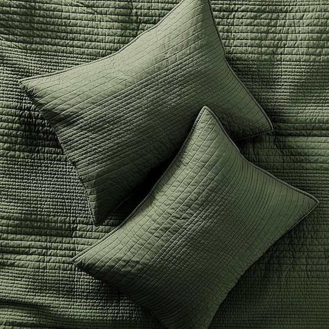 palassio Striped Olive Green 100% Cotton Quilt California Cal King Size Bedding Sets, Oversized Lightweight Channel Pick Stitch Textured Bedspread Soft Farmhouse Coverlet for All Season, 2 Shams
