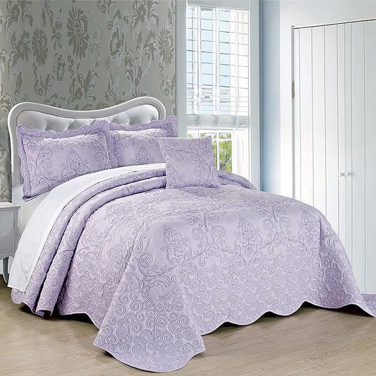 Home Soft Things Damask 4 Piece Bedspread Set, Scalloped Edge Reversible Coverlet Comforter Prewashed Bedding Set, Matelasse Embossed Floral Solid Pattern,Lavender Fog Oversize Queen(110" x 120")