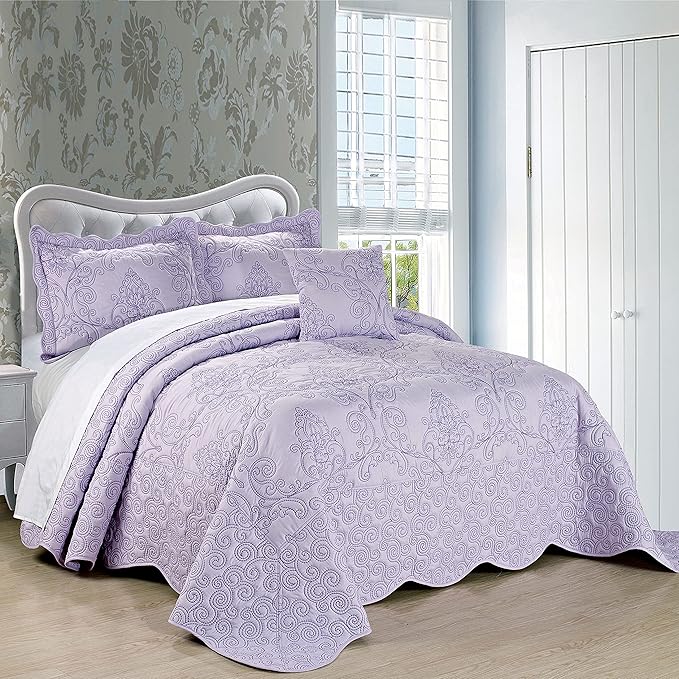 Home Soft Things Damask 4 Piece Bedspread Set,Scalloped Edge Reversible Quilt Coverlet Comforter Prewashed Bedding Set, Matelasse Embossed Floral Solid Pattern,Lavender Fog Oversize King(120" x 120")