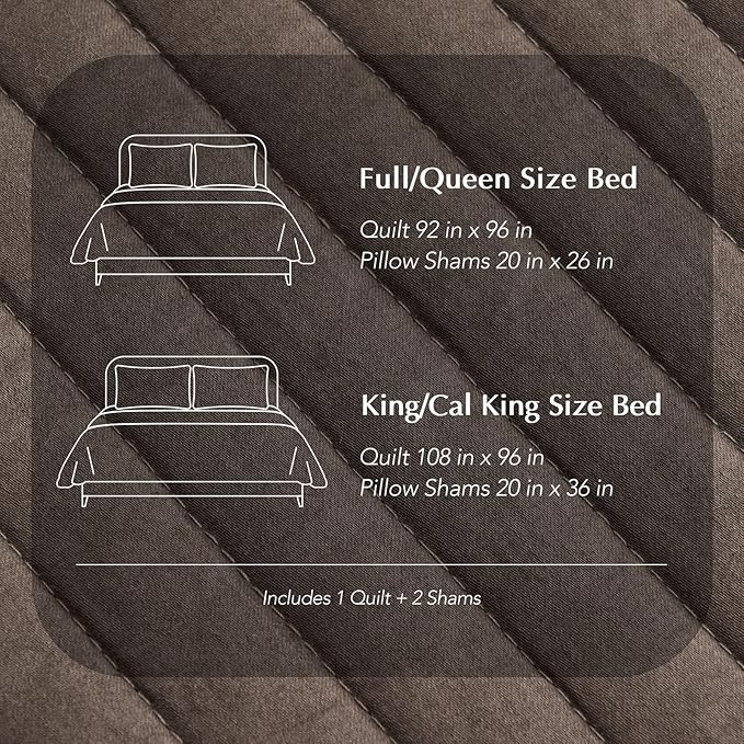 EVERGRACEHOME Cotton Sateen Quilt Set King Size, Pre-Washed Cotton Channel Stitch Coverlet Bedspread, 3 Pieces Lightweight Soft Bedding Sets for All Season, with 2 Pillow Shams, Mocha Brown