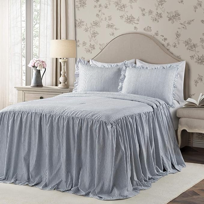 Lush Decor Ticking Stripe Bedspread Queen Size 3 Piece Set Navy - Ruffle Bedding Set Queen Bedspreads - Striped Bedding - Farmhouse & Coquette Decor