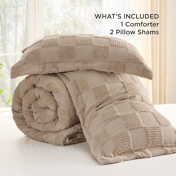 Bedsure California King Size Comforter Set Khaki, Boho Tufted Bed Set, Checkered Farmhouse Shabby Chic Bedding, 3 Pieces, 1 Plaid Geometric Comforter and 2 Pillow Shams