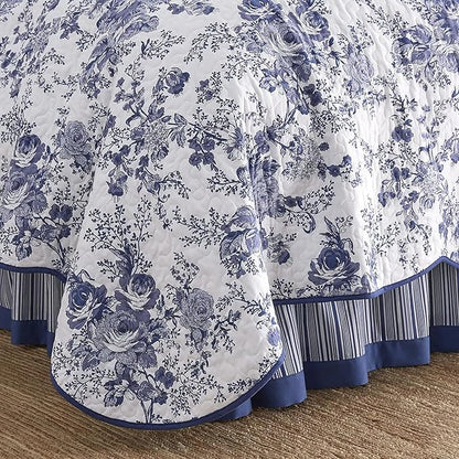 Wonderful 100% Cotton Blue Floral Quilt Set King Size Bedding Sets with Pillow Shams and Bed Skirt, 4 Pieces Floral Bedspread Coverlet, Quilted Blanket Bed Cover for All Season, 104"x90"