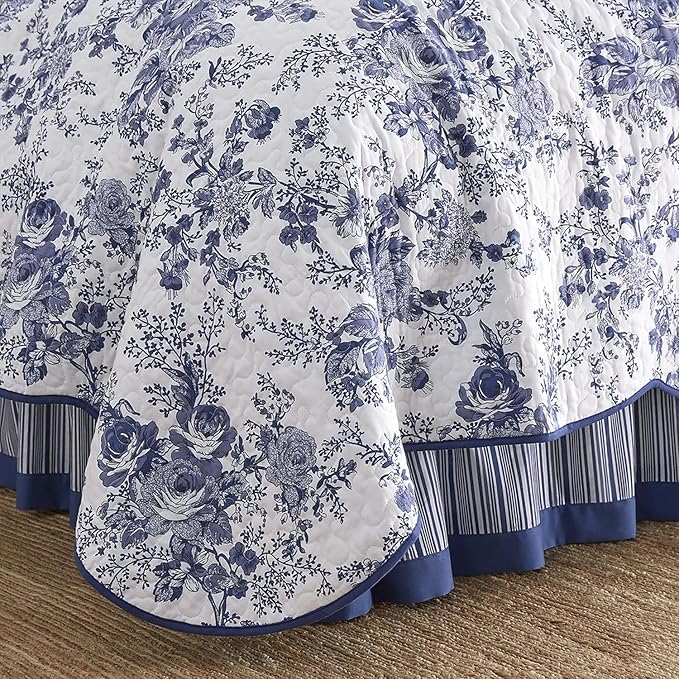 Wonderful 100% Cotton Blue Floral Quilt Set Queen Size Bedding Sets with Pillow Shams and Bed Skirt, 4 Pieces Floral Bedspread Coverlet, Quilted Blanket Bed Cover for All Season, 88"x90"