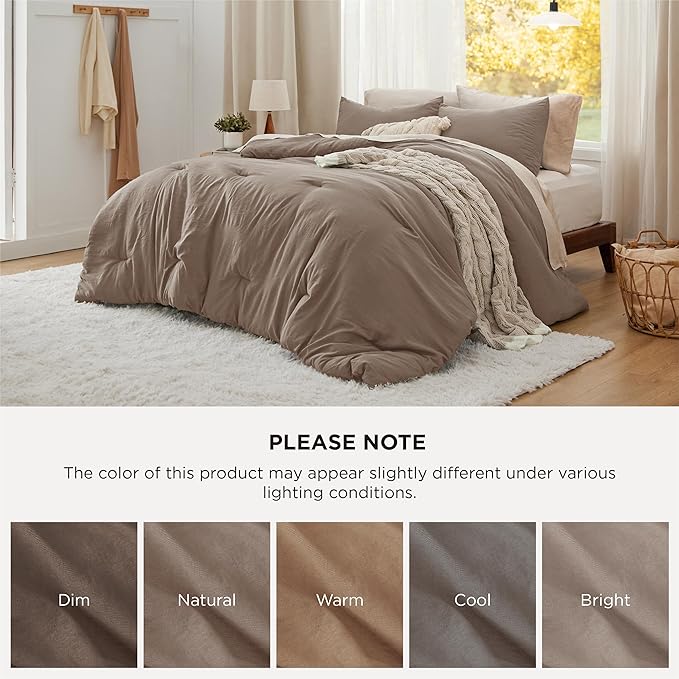 Bedsure Queen Comforter Set, Brown Soft Prewashed Bedding for All Seasons, 3 Pieces GentleSoft™ Bed Set, 1 Lightweight Comforter (90"x90") and 2 Pillowcases (20"x26")