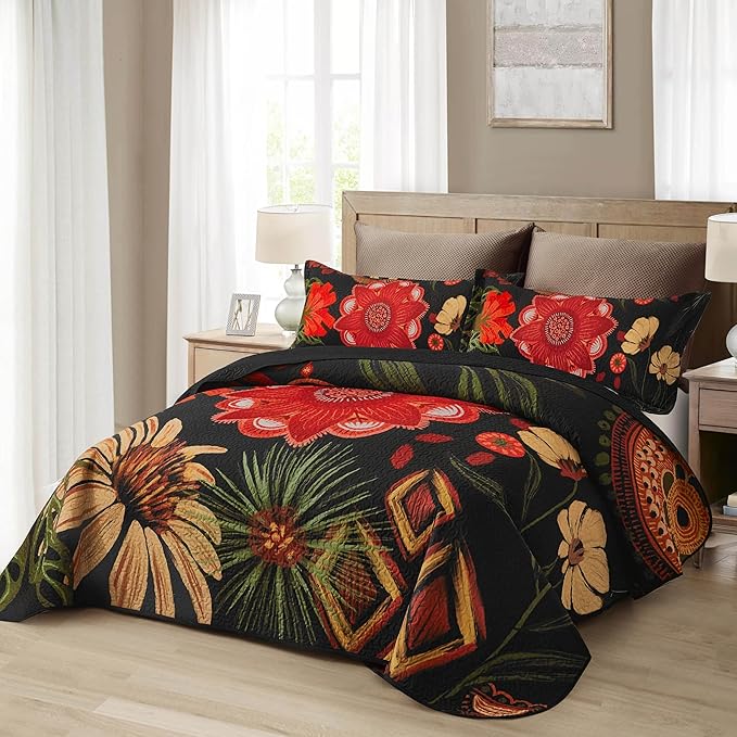 3 Piece Black Red Boho Floral Quilt Sets Full/Queen Farmhouse Reversible Lightweight Bedspread Coverlet with 2 Shams Vintage Mid Century Microfiber Bedding Quilts Set for All Season, 90''x96''