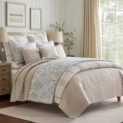 Levtex Home - Camden Gingham Stitch Taupe Quilt Set - Full/Queen Quilt (88x92in) and 2 Standard Shams (20x26in) - Textured Gingham - Taupe and Cream - Reversible - Cotton | Textured