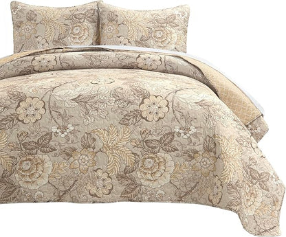 Lush Decor Sydney Reversible Cotton Quilt Neutral, 3 Piece Set, Full/Queen, Neutral - Cotton Bedding Set - Beige Floral Quilt - Cottage Decor - Bedding Queen Size