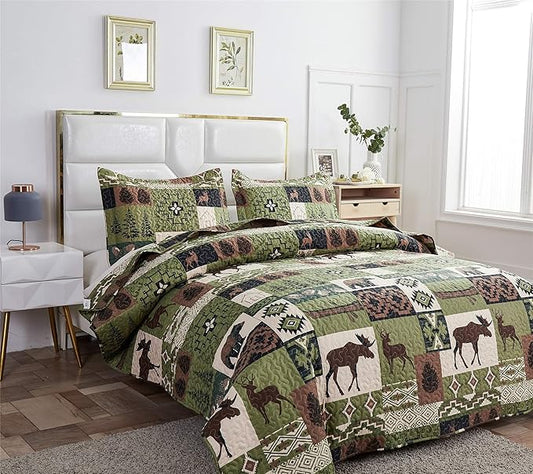 Ycosy Rustic Lodge Quilt Set Moose Elk Bedspread Twin Size Forest Bear Deer Quilt Matcha Green Reversible Festive Cabin Coverlets Farmhouse Decor Bed Cover Sets with 2 Pillow Shams
