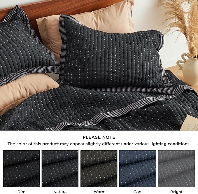 Bedsure Black Quilts Queen Size - Queen Quilt Bedding Set Bedspread Coverlet, Lightweight Corduroy Pattern Bedspread, 3-Piece Set with 90"x96" Coverlet & 2 Pillow Shams, All-Season Soft Microfiber