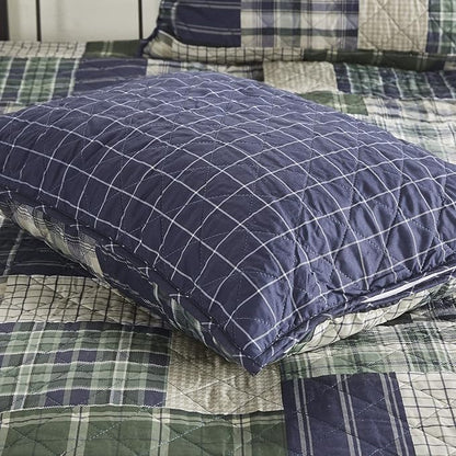 Madison Park Reversible Quilt Cabin Lifestyle Plaid Design - All Season, Breathable Coverlet Bedspread Bedding Set, Matching Shams, Full/Queen(90"x90"), Green/Navy 3 Piece