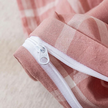 EAVD Modern Style Pink Plaid Duvet Cover Queen Soft Cotton Pink and White Grid Plaid Bedding Set with 2 Pillowcases Simple Checkered Geometric Duvet Cover with Zipper Closure