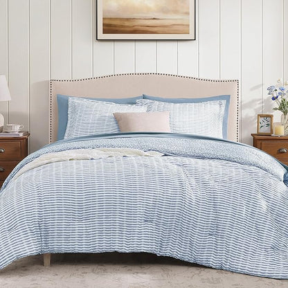 Full Comforter Set - 7 Pieces Blue Gauze Muslin Bedding Sets for All Seasons, Lightweight Breathable Bed in a Bag Full with Revesible Farmhouse Comforter, Sheets, Pillowcases & Shams