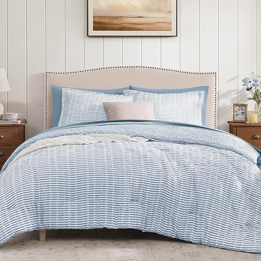 Full Comforter Set - 7 Pieces Blue Gauze Muslin Bedding Sets for All Seasons, Lightweight Breathable Bed in a Bag Full with Revesible Farmhouse Comforter, Sheets, Pillowcases & Shams